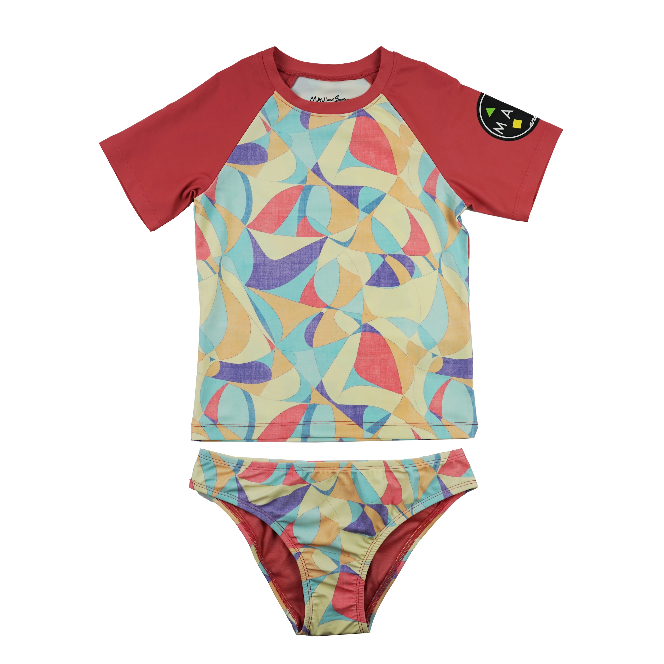 Maui and Sons Girls Mod Deep Coral Two-Piece Swimsuit, High Performance Stretch Bikini Bathing Suit and Athletic Swimwear for Kids