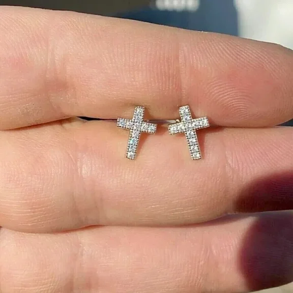 1.20Ct Round Cut Lab Created Diamond Cross Stud Earrings 14K White Gold Plated