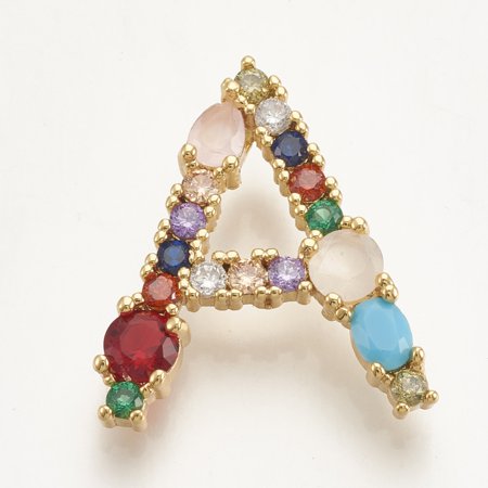 Brass Micro Pave Cubic Zirconia Pendants Cadmium Free & Nickel Free & Lead Free Letter Colorful Golden Letter.A 20.5x18x6mm Hole: 3x2mm