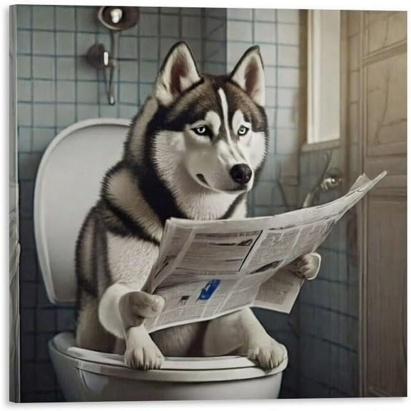 Aaheei Square Canvas Bathroom Decor Siberian Husky Dog Wall Decor Poster Animals Reading Newspaper Theme Bathroom Wall Art Print Toilet Wall Decor Home Gift