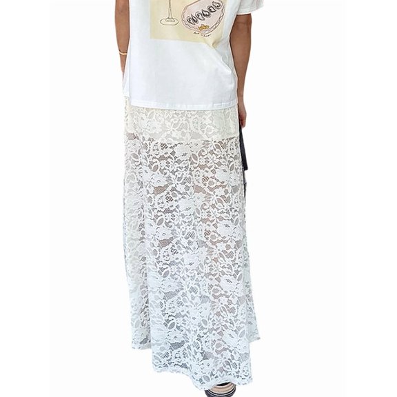 Women'S Elastic High Waisted Flowy A-Line Maxi Lace Skirt Summer Casual Long Skirts White M