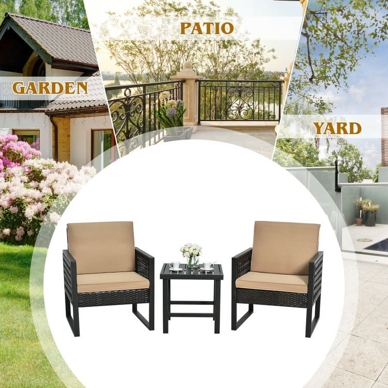 Aimee Lii 3 Pieces Wicker Patio Bistro Cushioned Furniture Set, Small Patio Set with Square Tea Table