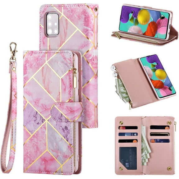 Wallet Case for Samsung Galaxy S21 FE, Premium Vintage PU Leather Magnetic Closure Handbag Zipper Pocket Case Kickstand Card Holder Slots with Wrist Strap Flip Case - Pink&Purple