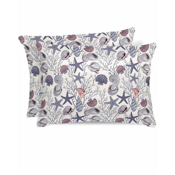 Hokiten Pillow Cases Standard Size Set of 2, Lumbar Pillow Covers, Vintage Coastal Satin Pillowcases with Zipper for Hair/Skin, Pillow Protector Cover, Starfish Coral Shell Conch Ocean 20x26 Inches