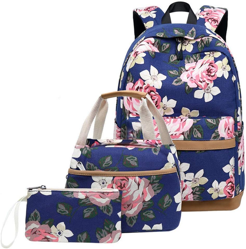 3 in 1 Floral Prints Canvas Backpack and Lunch Bag Set for Girls Womens