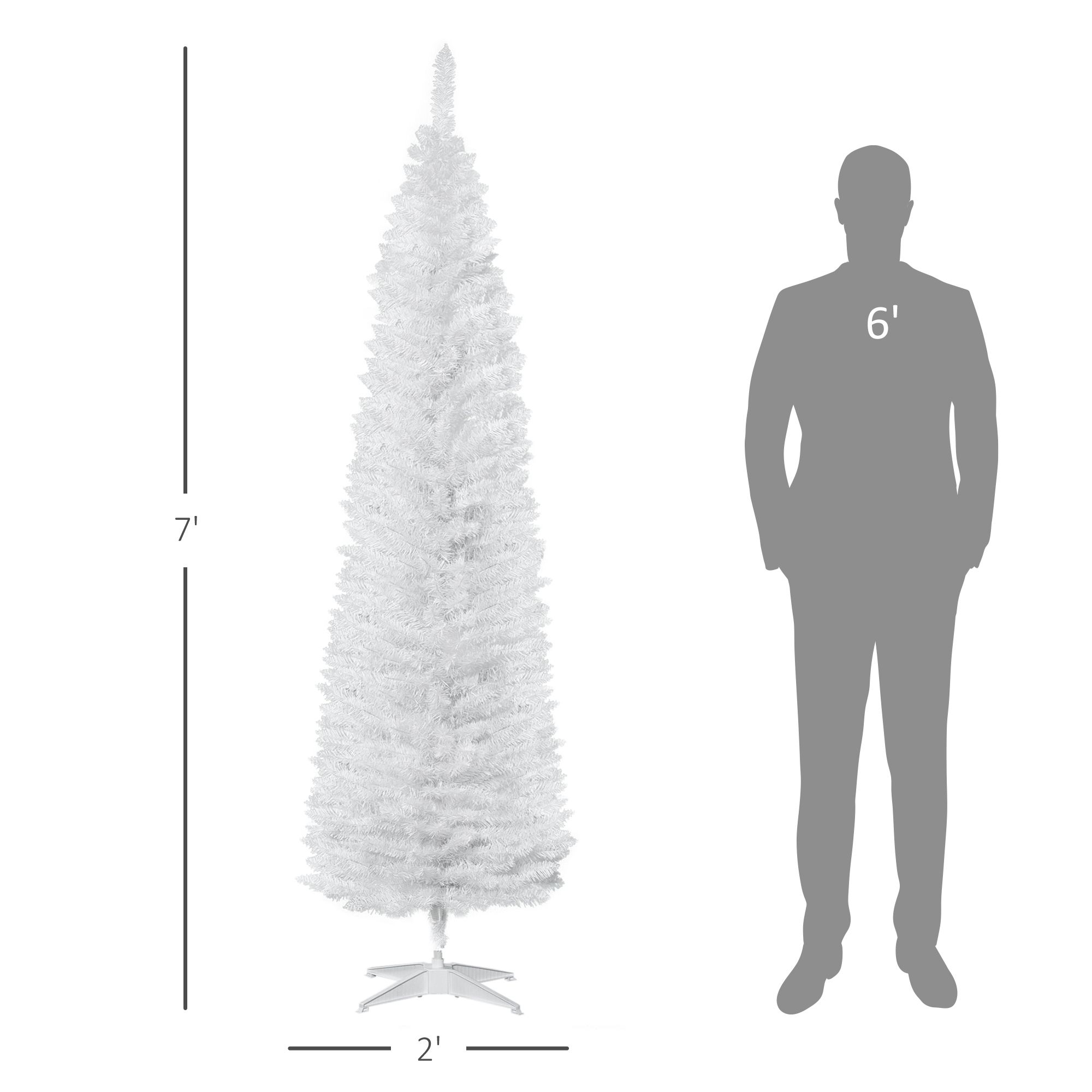 7' Artificial Pencil Christmas Tree, Slim Xmas Tree with 499 Realistic Branch Tips and Plastic Stand, White