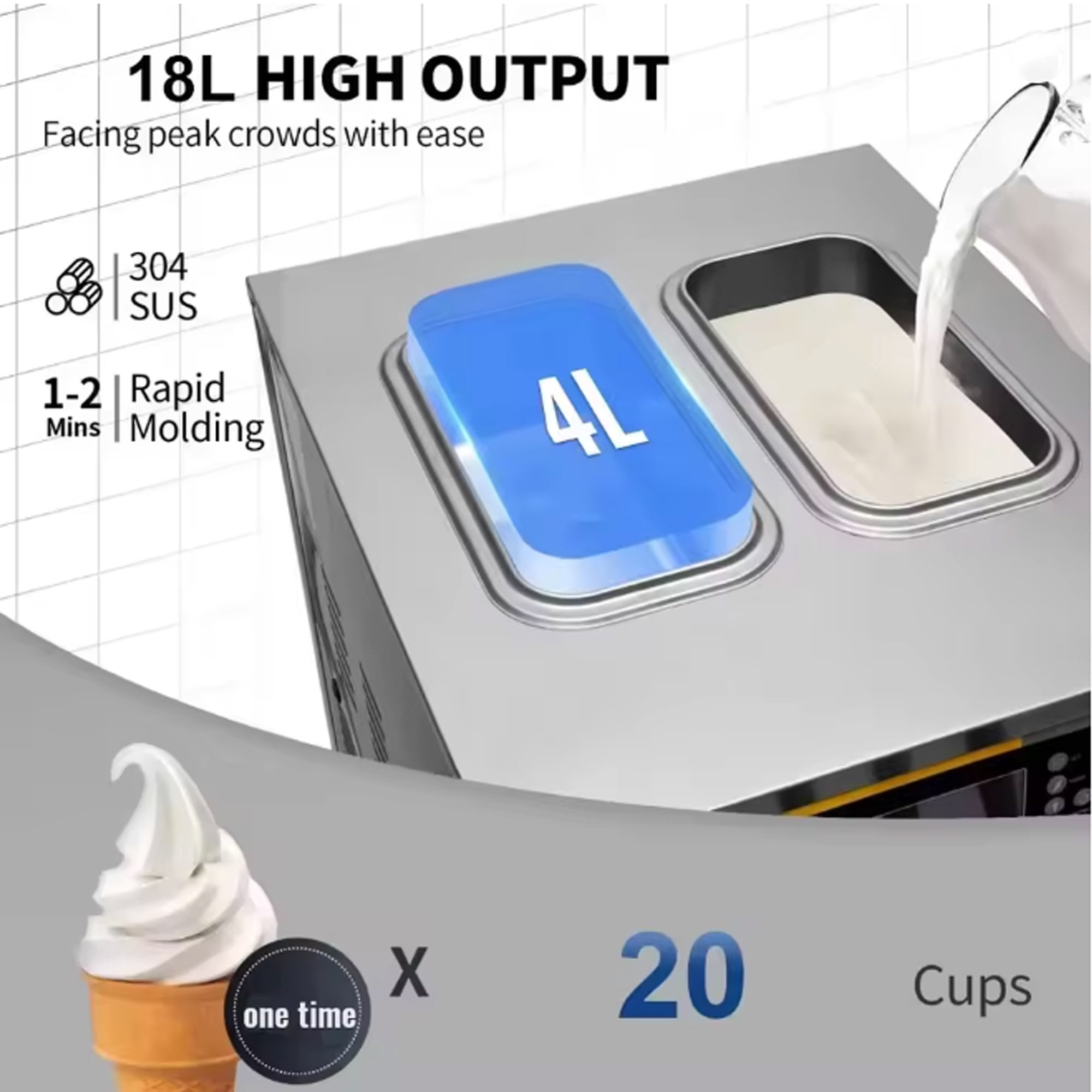 SIHAO Ice Cream Machine with Pre-cooling & Fresh-keeping Function, 18L/H Commercial Soft Serve Machine, 3 Flavors Countertop Soft Ice Cream Maker