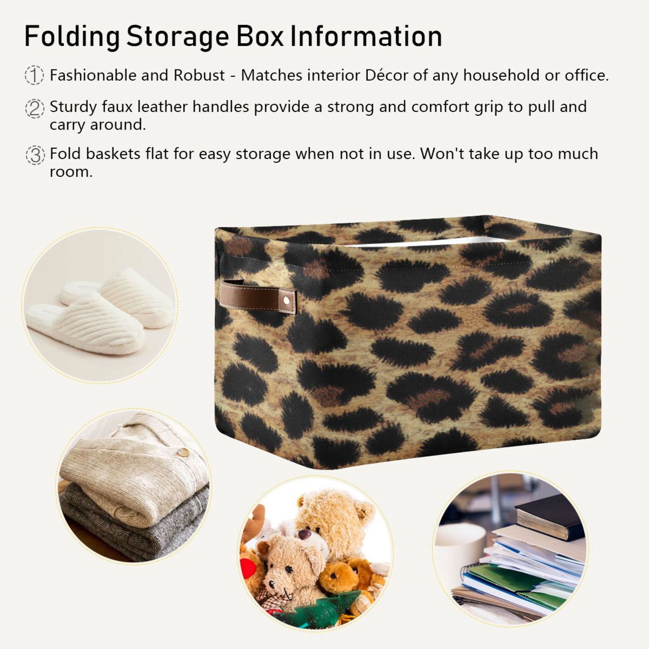 Leopard Print Fabric Texture Foldable Storage Basket,Canvas Fabric Foldable Storage Bins with Handles Open Home Storage Bins Boxes for Toy Book Shelf Closet Baskets