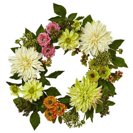 Nearly Natural Home Decorative 22" Dahlia Mum Wreath