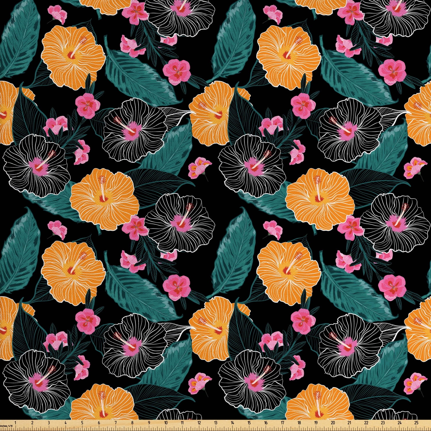 Hibiscus Fabric by The Yard, Paradise Flora Artwork in Hawaiian Style