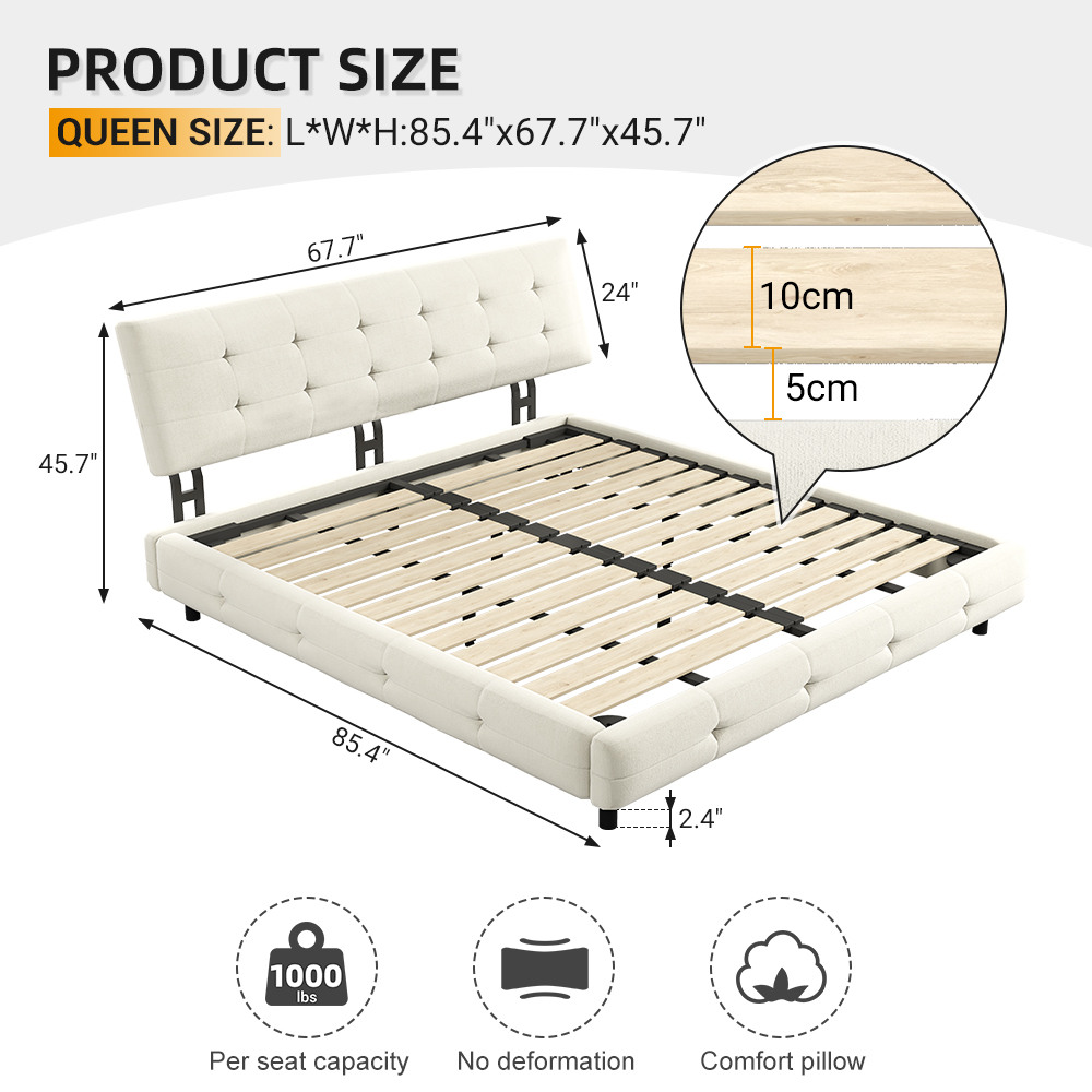 Queen Size Bed Frame for Bedroom, Platform Bed Frame with Tufted Headboard, Metal and Wooden Slats Double Support, Ultra-Soft Cloud Pillow Design, Noise-Free, Beige