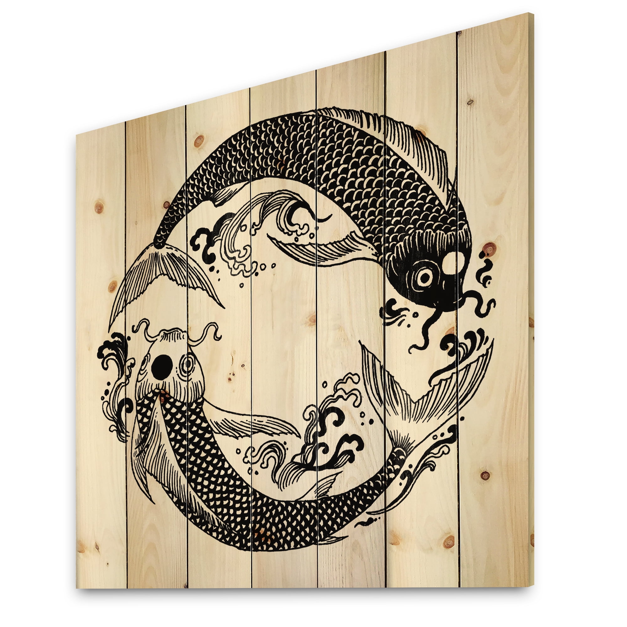 Designart 'China Koi Fish In Chinoiserie Style III' Nautical & Coastal Print on Natural Pine Wood