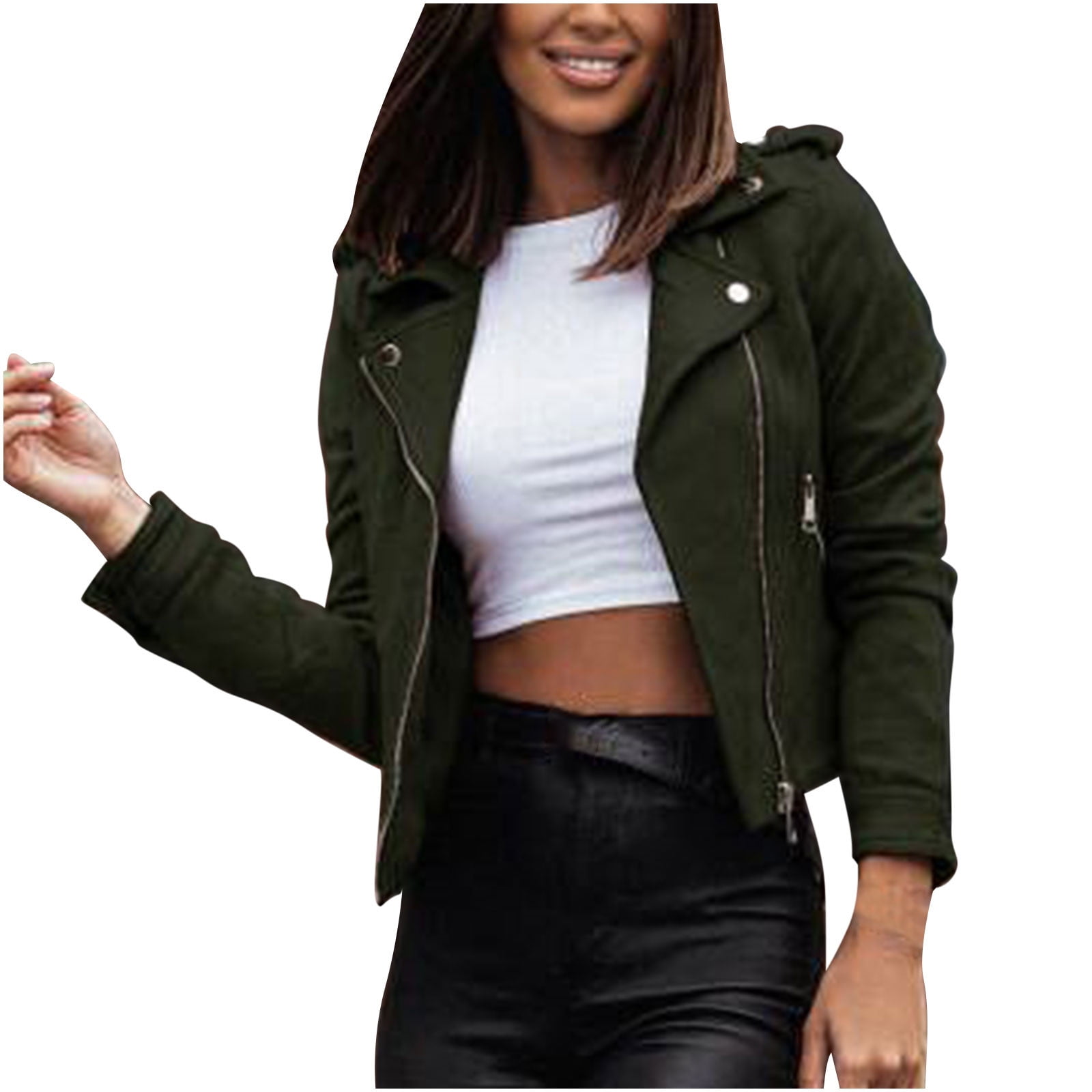 XFLWAM Womens Leather Jacket 2022 Faux Zip Up Classical Jackets Long Sleeve  Plus Size Cropped Motorcycle Outwear Coat Green XL