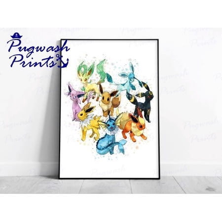 POSTER Pokemon Print 'EEVEE EVOLUTIONS' Watercolour Splash Art, Character Print, kids Poster, bedroom, home decor, Available in -UNFRAMED
