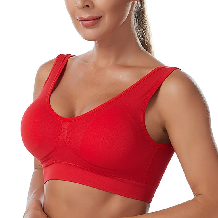 WANYNG sports bras for women Women's Seamless MID Solid Color Sports Bra  With Removable Bra Pad Nylon Red 2XL