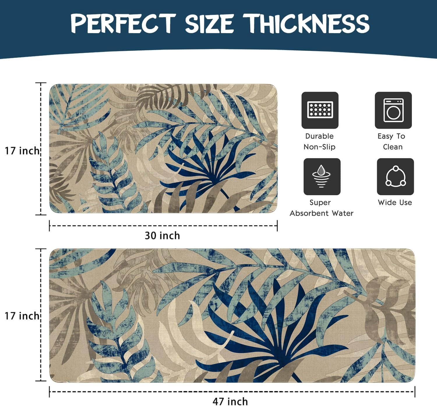 Boho Kitchen Mat Set of 2,Tropics Palm Leaves Kitchen Rugs and Mats Non Skid Washable,Bohemia Farmhouse Runner Rugs with Rubber Backing for Kitchen Decor Accessories (17"x47"+17"x30")