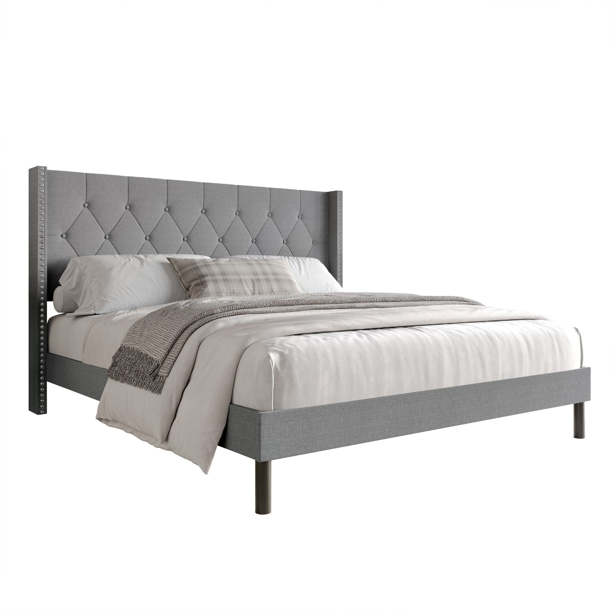 Home Design Cicero Queen Tufted Upholstered Wingback Panel Bed Frame with Button-Tufted Headboard & Nailhead Trim, Gray, Easy Assembly