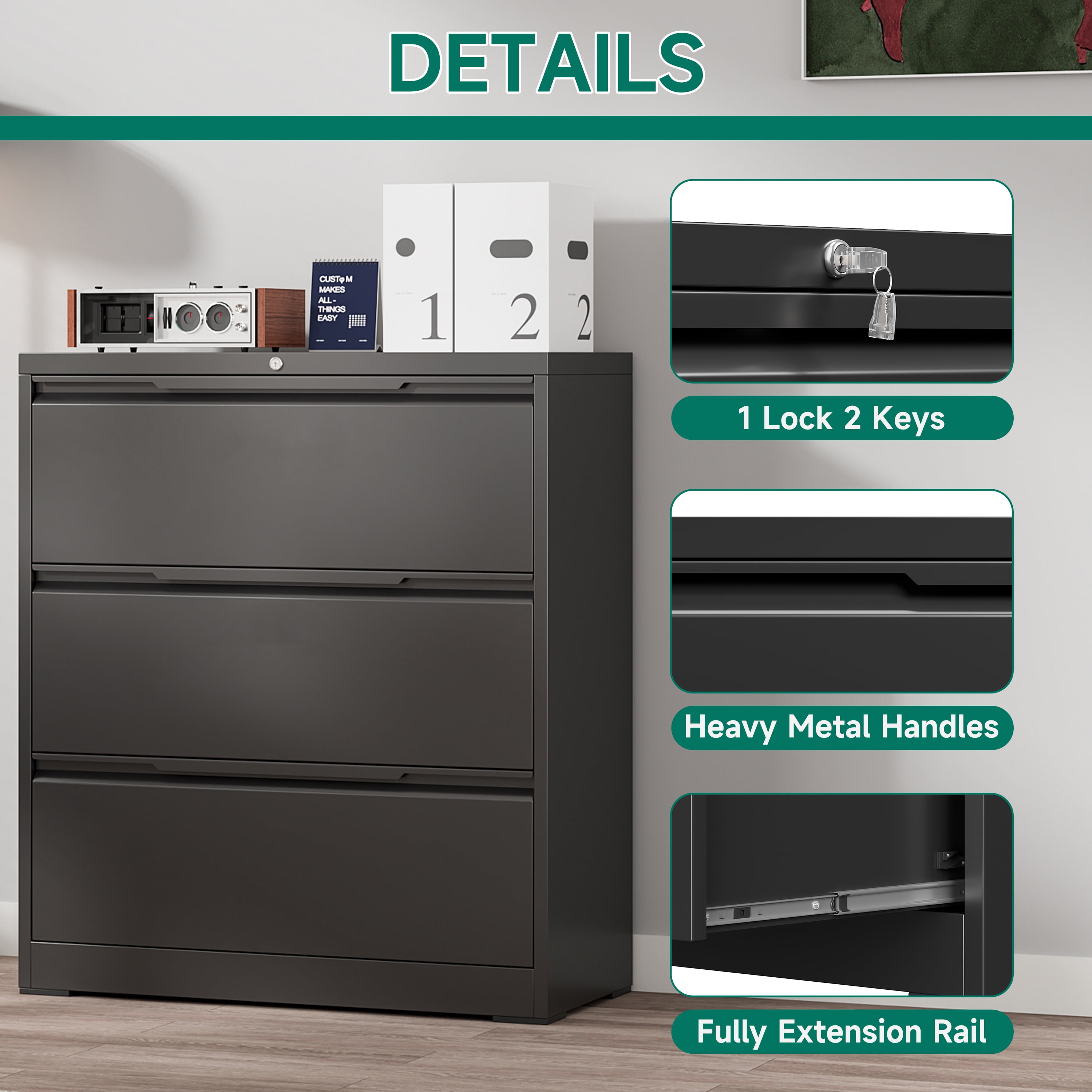 Kooyon 3 Drawer Lateral File Cabinet with Lock, Metal Filing Cabinet for Home Office, Black, Fits Letter/Legal/A4-Assembly Required