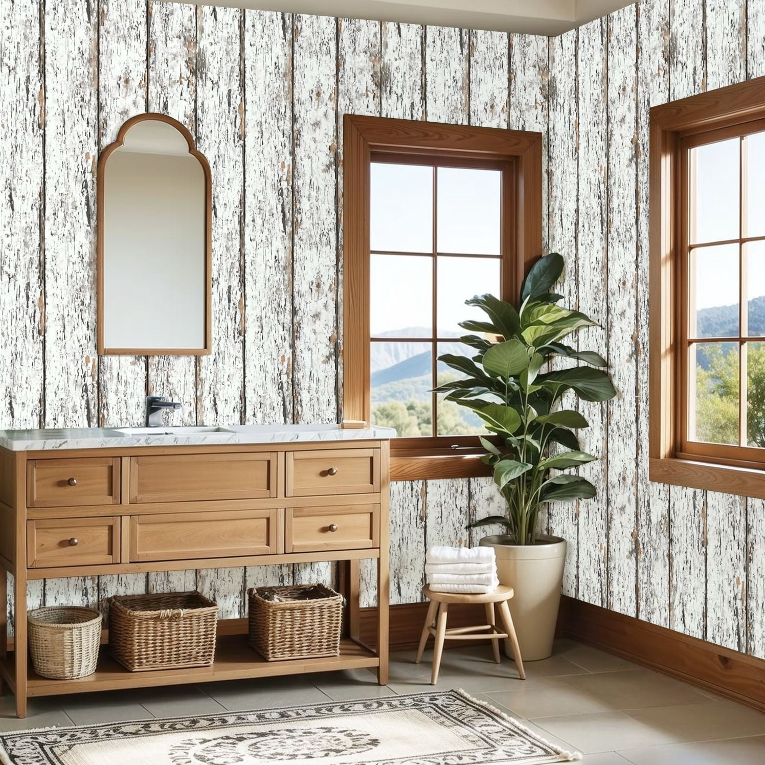 Peel and Stick Wallpaper White Rustic Wooden Planks Peeling Paint Distressed Wall Mural 23.6in x 9.8ft Self Adhesive Removable Wall Paper Renter Friendly Wallpaper for Nursery Bedroom Cabinets