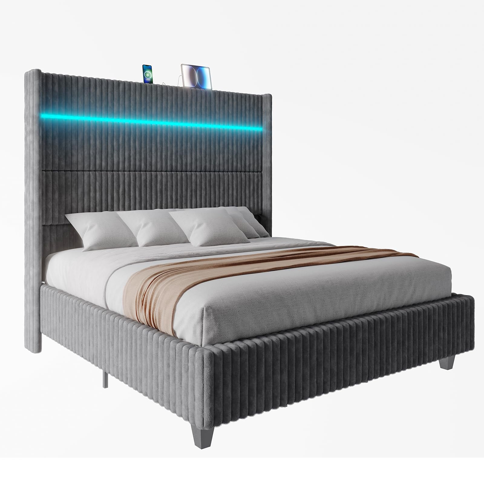 Merluxy 60" Tall California King Bed Frame with LED Lights, Faux-Fur Upholstered Platform with Wingback Headboard & Charging Station, Grey