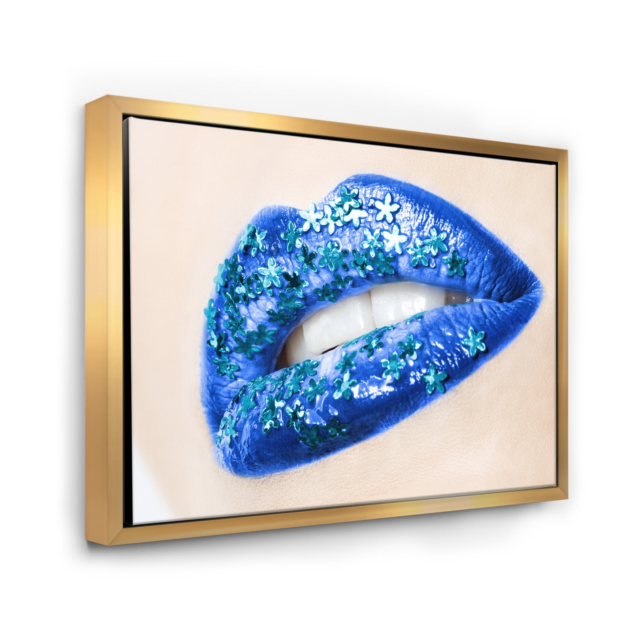 Designart 'Beautiful Woman Lips Blue With Flowers' Modern Framed Canvas Wall Art Print