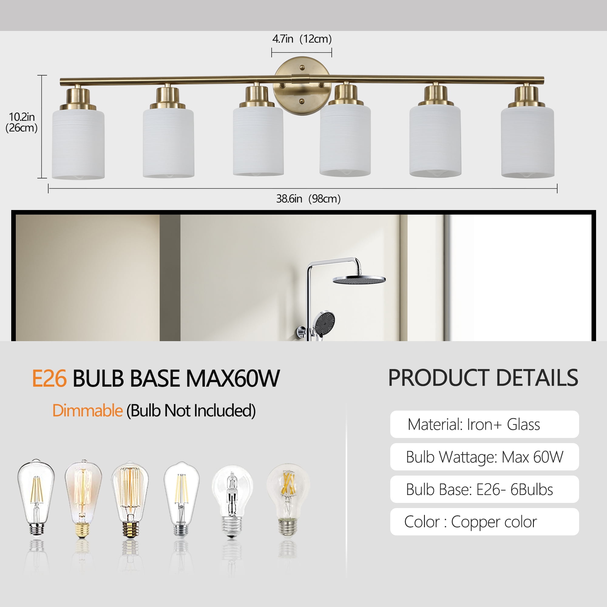 YANSUN 39 in Gold Modern 6-Light Vanity Wall Sconce with Frosted Glass Shades, Bathroom Light Fixture for Mirror, Dressing Room (Bulbs Not Included)