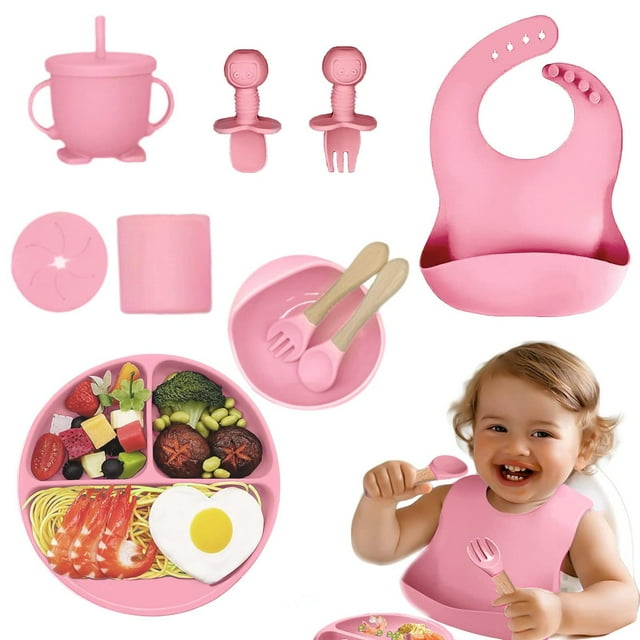 Platos de Silicona para Bebé Antivuelco Set de 10 Piezas Rosa para Niño/Niña