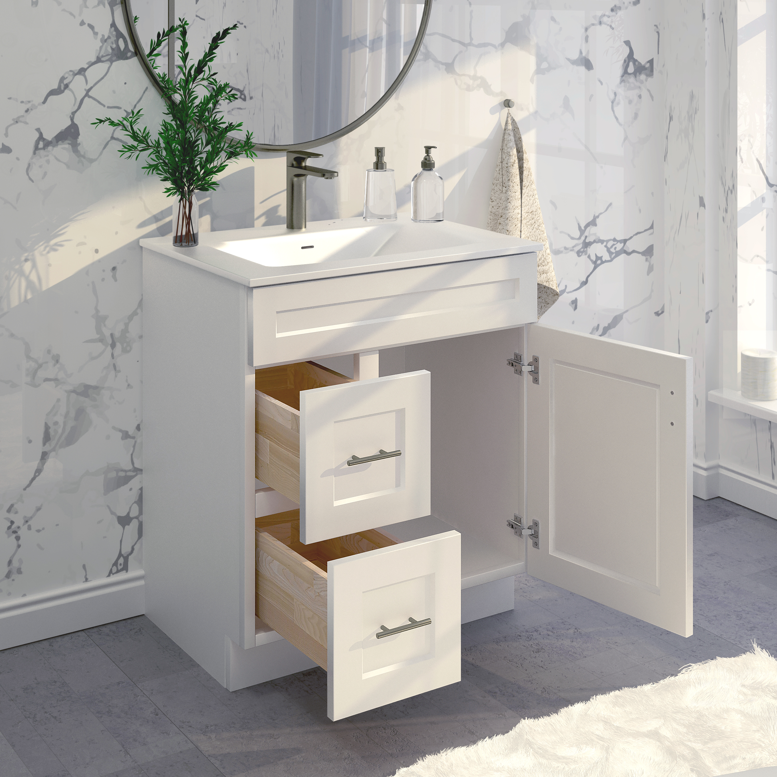 White Shaker Bathroom Vanity Sink Base with Drawers 30" Ready-to-Assemble Cabinet