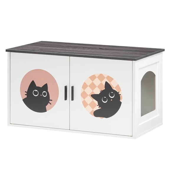 HOOBRO Cat Litter Box Enclosure, Hidden Litter Box Enclosure Furniture with Cute Cat Patterns and Arched Entrance, Litter Box Cabinet, Side Table, for Living Room, White and Charcoal Gray BW08MW01