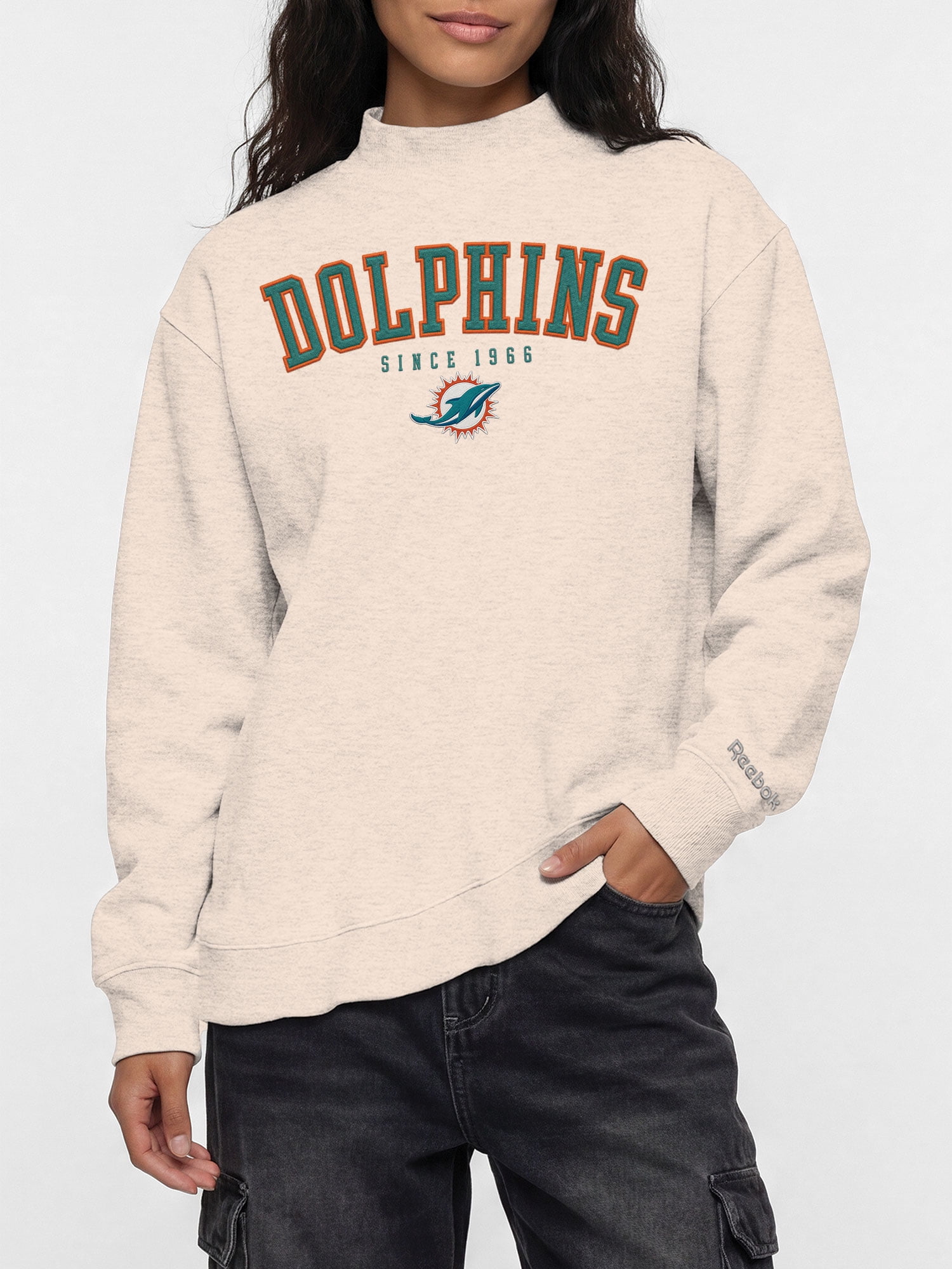 Miami Dolphins Reebok Womens Oat Mock Neck Oversized Tunic Sweatshirt