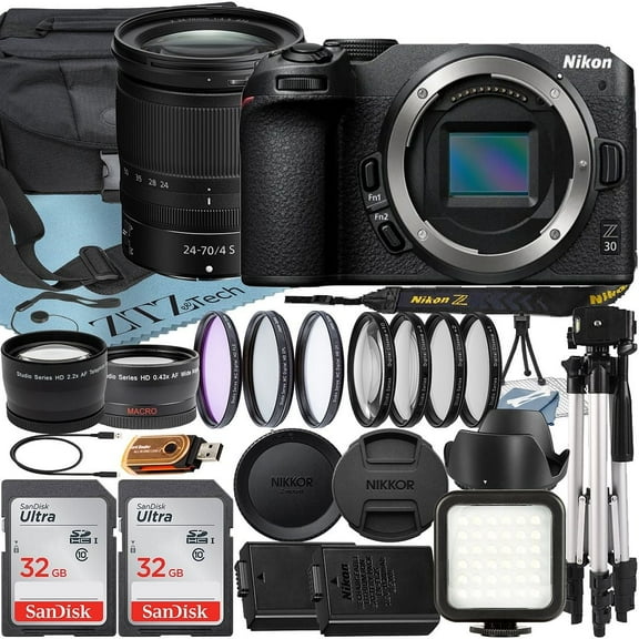 Nikon Z30 Mirrorless Camera with NIKKOR Z 24-70mm f/4 S Lens   SanDisk 32GB Card   Case   Telephoto   Tripod   ZeeTech Accessory Bundle