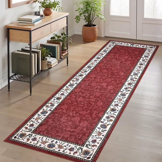 2x6 Floral Kitchen Runner Rug Washable Non Slip Throw Runner for Hallway Geometric Bordered Print Laundry Bathroom Mat Soft Non Shed Rugs for Bedside Entryway, Red
