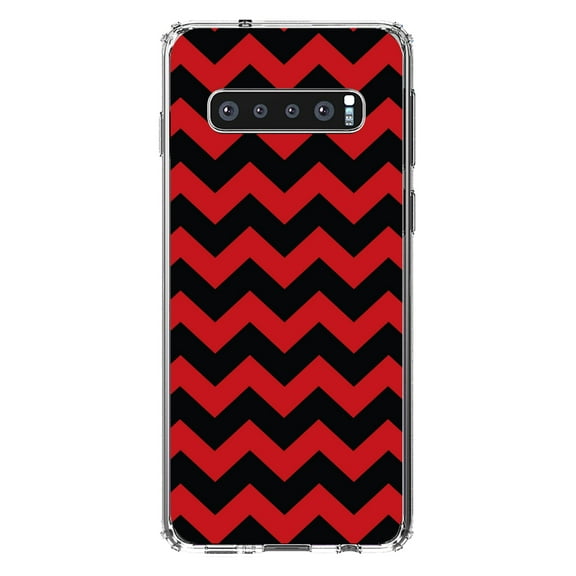 DistinctInk Clear Shockproof Hybrid Case for Samsung Galaxy S10 (6.1" Screen) - TPU Bumper, Acrylic Back, Tempered Glass Screen Protector - Black Red Stripes - Stripes Pattern