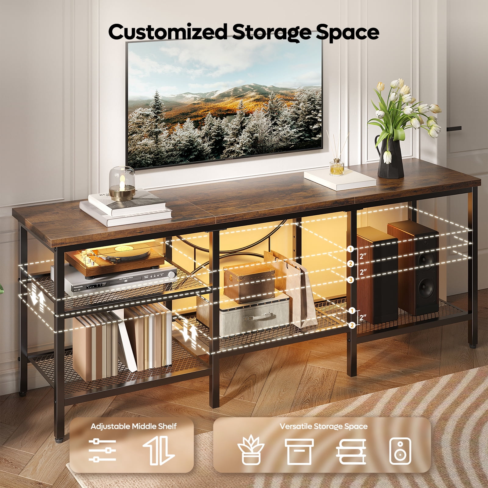 Pinmoco 63" TV Stand for TVs up to 70 Inch, LED Light Entertainment Center with Open Storage Shelves, TV Media Console Table for Living Room, Bedroom, Rustic