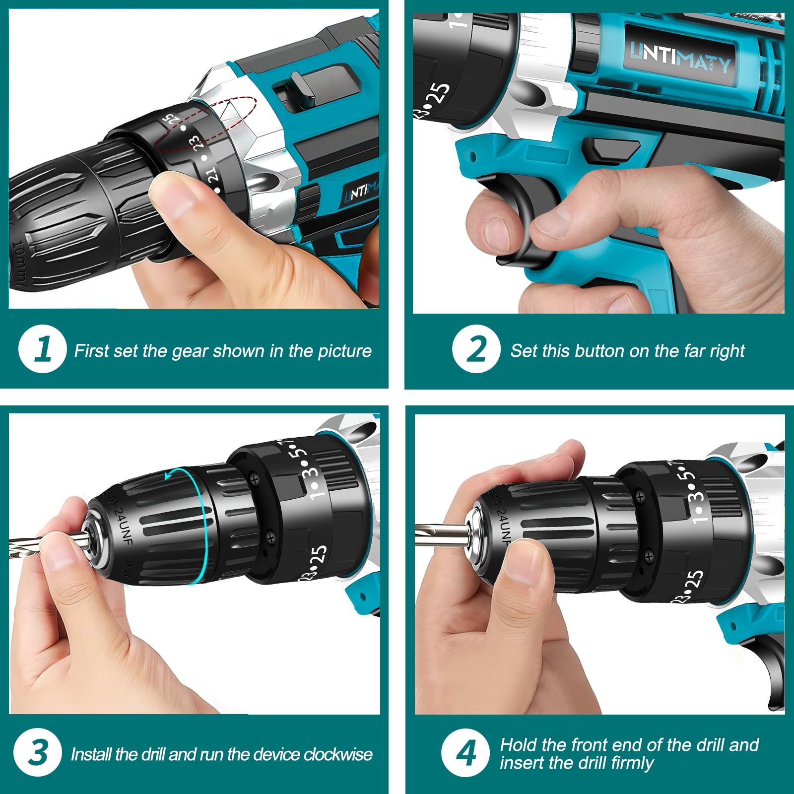 21V Cordless Drill Set, UNTIMATY Power Drill Set with Battery and Charger, Electric Drill Home Improvement, 3/8'' Keyless Chuck, 25+3 Torque Setting, Drill Bits, LED&Variable Speed