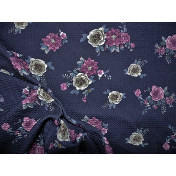 Bullet Printed Liverpool Textured Fabric Stretch Navy Plum Slate Blue Floral O47