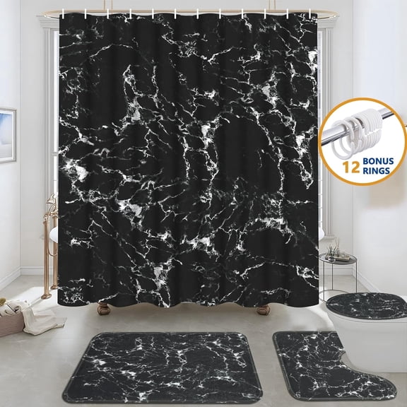 FRAMICS 16-Piece Black Marble Shower Curtain Sets with Rugs, Modern Abstract Bathroom Sets, Waterproof Fabric Bathroom Curtain Decor with Hooks