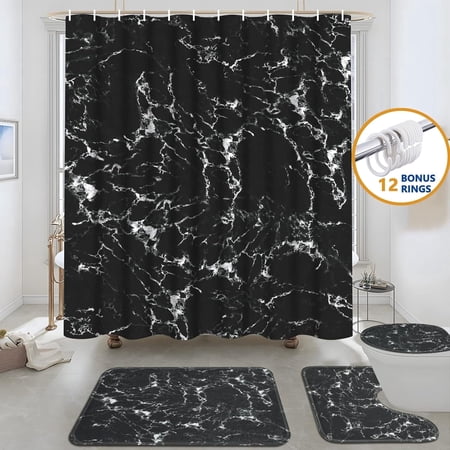 FRAMICS 16-Piece Black Marble Shower Curtain Sets with Rugs Modern Abstract Bathroom Sets Waterproof Fabric Bathroom Curtain Decor with Hooks