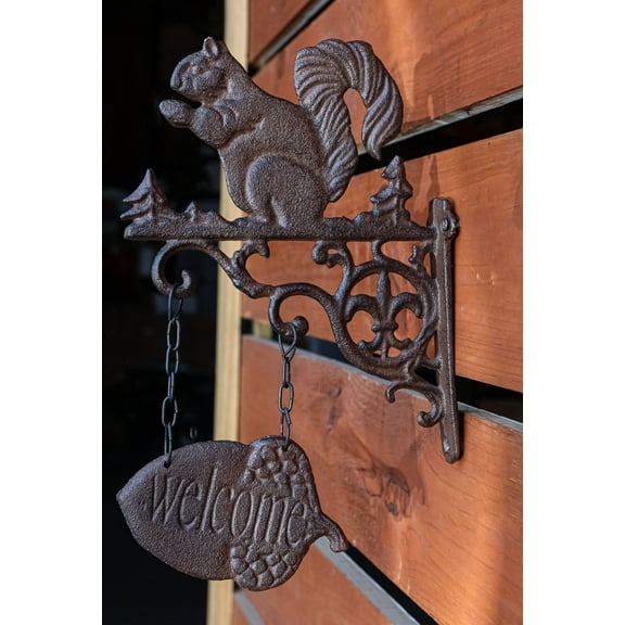 Cast Iron Rustic Farmhouse Squirrel Welcome Acorn Fleur De Lis Wall Bracket Sign