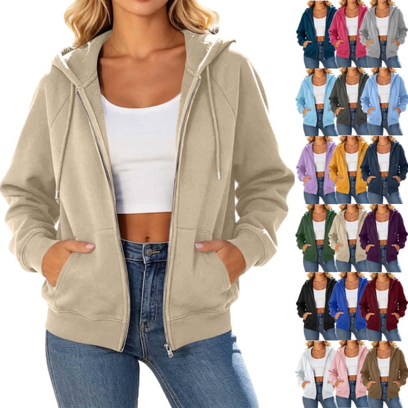 Fashion Plus Size Pullover Hoodie for Womens Zip Up Solid Color Pockets Zipper Long Sleeved Regular Top Hooded Sweatshirts Coat Outwear 50% off Clearacne!