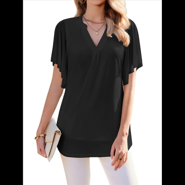 Blusas de Corta con Cuello en V para Mujer, Blusas Florales de Doble Capa de , Túnicas, Tops Negro S