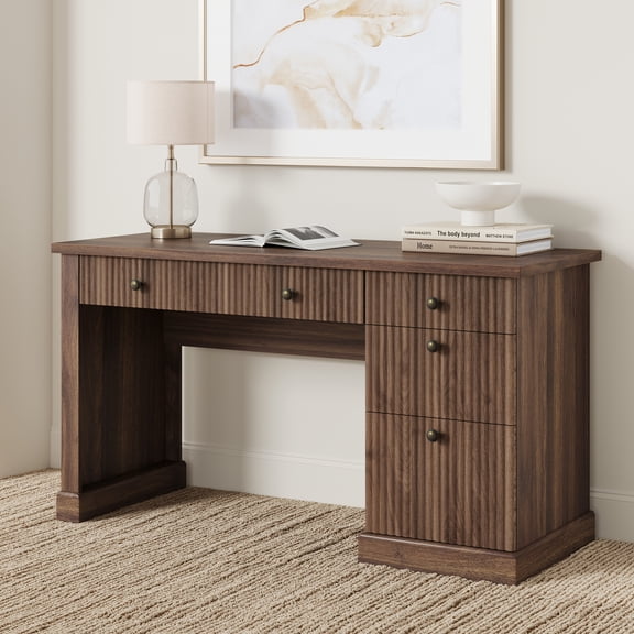 54 Inch Fluted Home Office Desk - Modern Executive Desk with Charging Station, Wooden Computer Writing Desk with File Cabinet and Drawers for Study Room