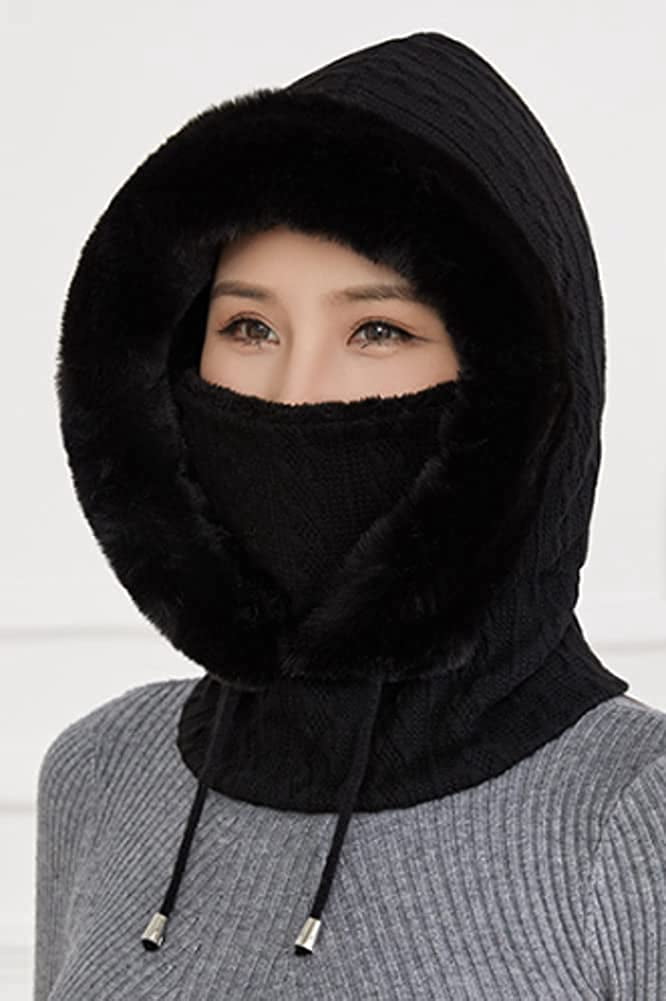 CoCopeaunts Women Winter Fleece Beanie Hat One-Piece Drawstring Knit Beanie Hats Scarf Mask Ski Snow Skull Hat Cap