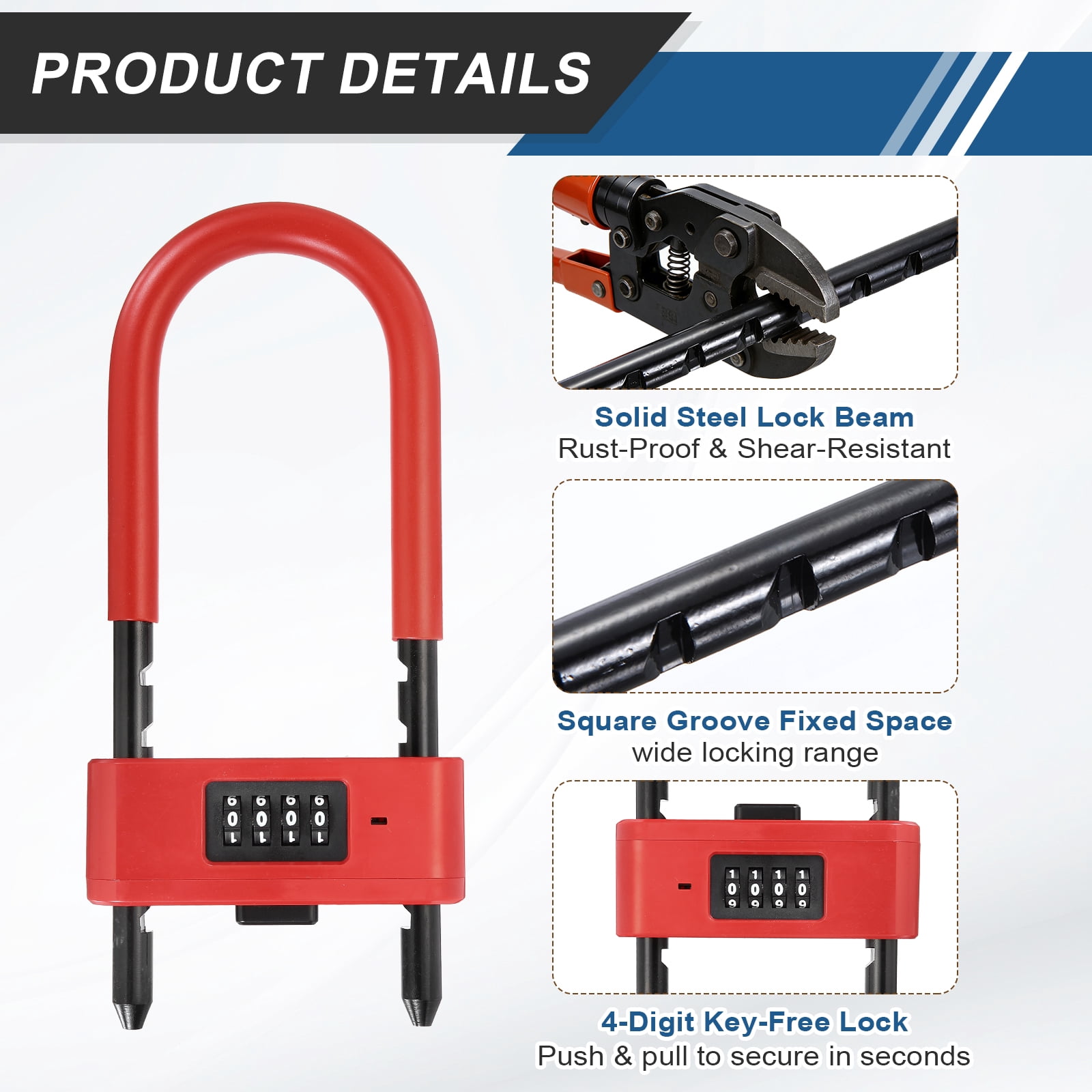 Uxcell 4 Digit Combination Padlock, Long Shackle Padlock - [4.92" - 6.89", Red], U-Shape Adjustable Shackle Lock for Bicycles Electric Bikes Mountain Bikes Glass Doors Gates