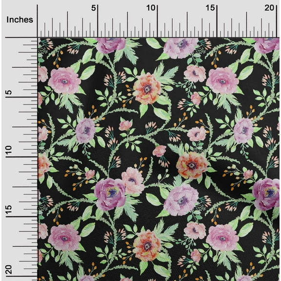 oneOone Organic Cotton Poplin Twill Fabric Watercolor Leaves & Peony Floral_Printed Fabric 1 Yard 42 Inch Wide