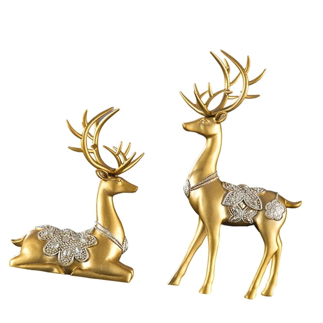 2 figuras modernas de ciervos y renos, regalos, recuerdos, resina decorativa. Oro