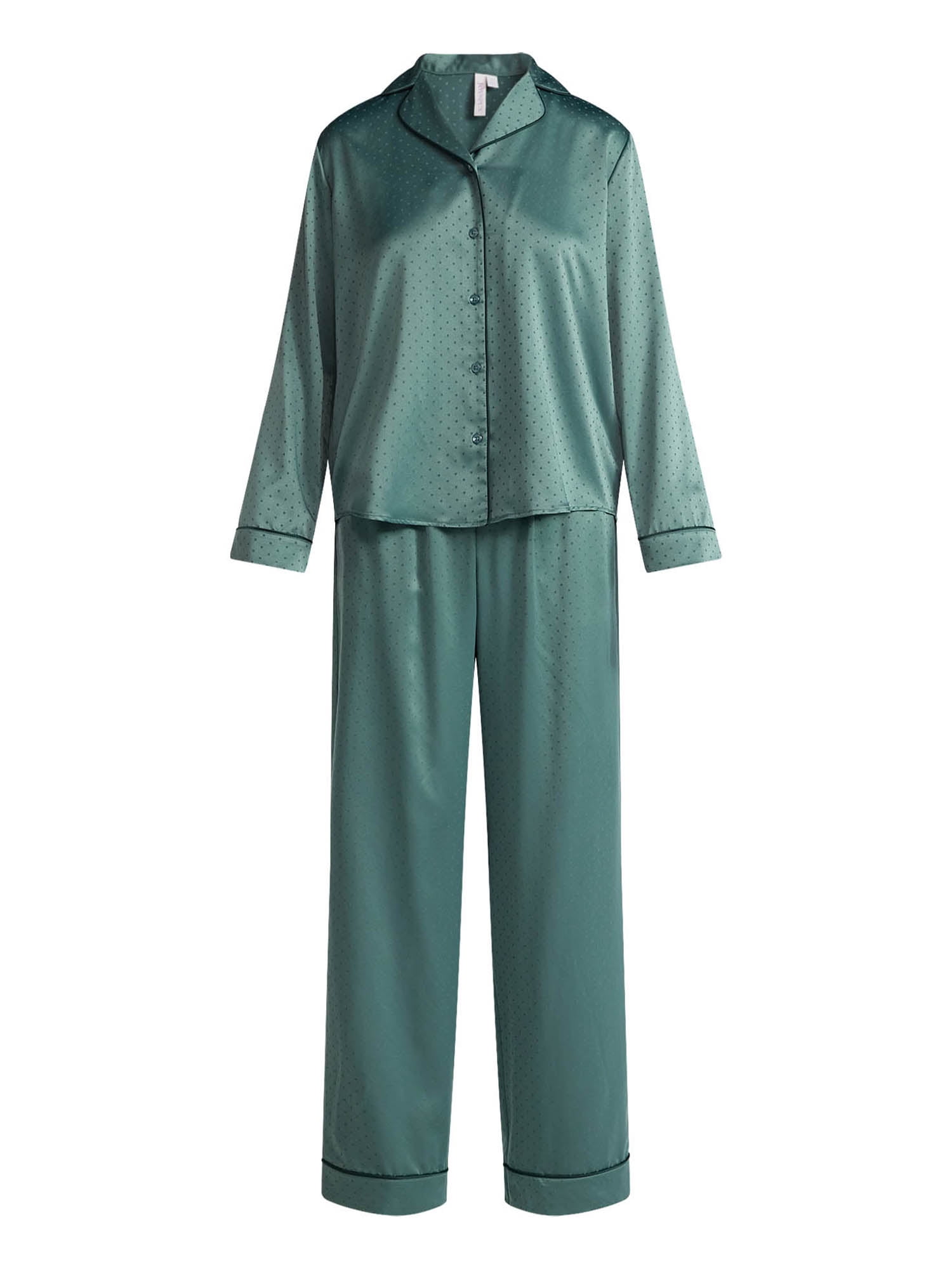 Joyspun Women’s Stretch Satin Notch Long Sleeve Top and Pant Pajama Set, Sizes XS to 3X