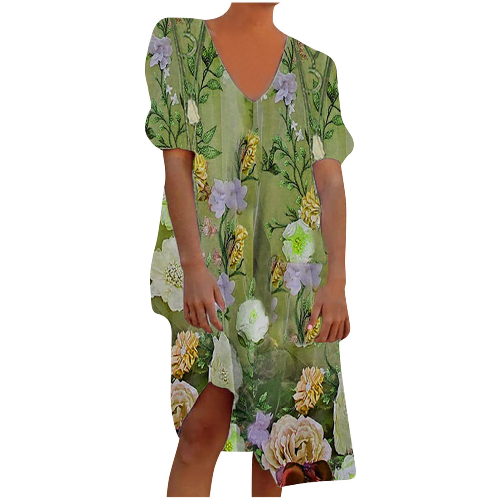 Swiusd Women Retro Floral Print A Line Midi Dresses Vintage Short Sleeve V Neck Swing Beach Party Sun Dresses Clearance 