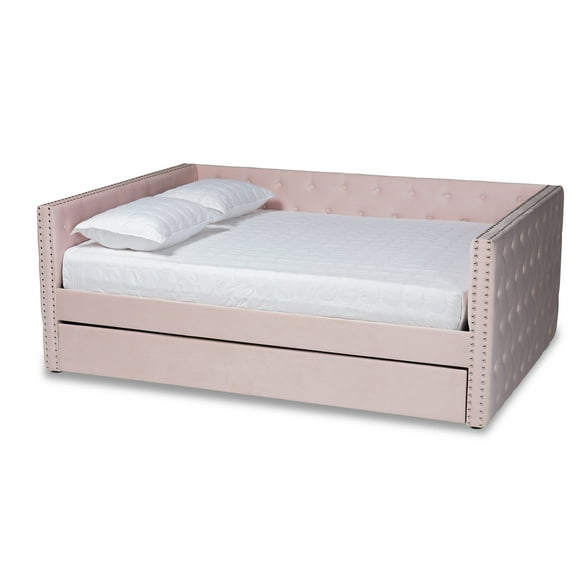 Full Size Daybed with Trundle - Velvet Upholstered Button Tufted Bed Frame - Silver Nailhead Trim