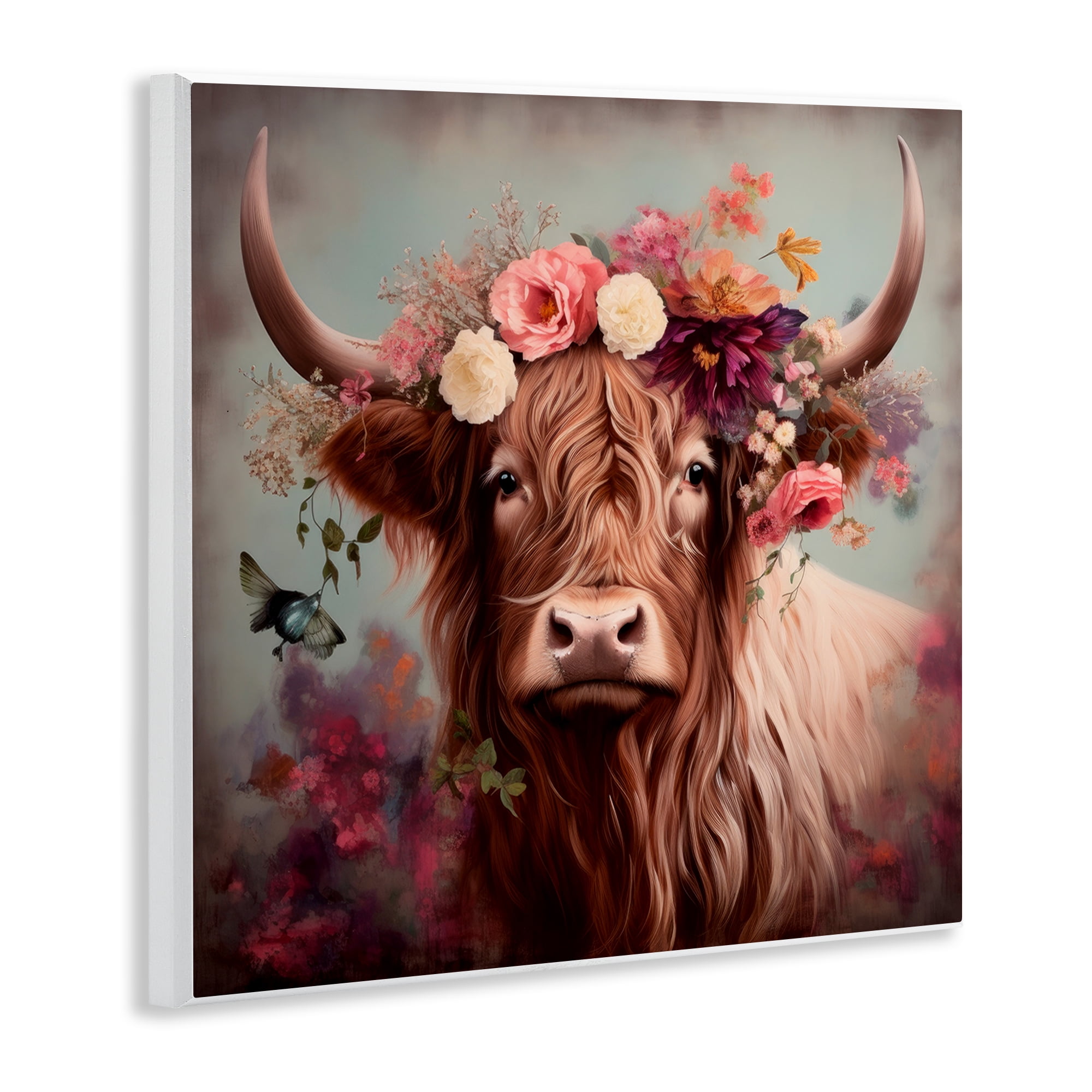Stupell Industries Longhorn & Flower Garland Animals & Insects Painting Unframed Art Print Wall Art, 12 x 12